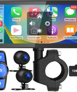 Motorcycle Dash Cam, Motorcycle Apple Carplay & Android Auto GPS Navigation for Motorbike, Dual HD 1080P Cameras, Motorcycle Camera, Bluetooth, Support Siri, Google Assistant, TF-128GB