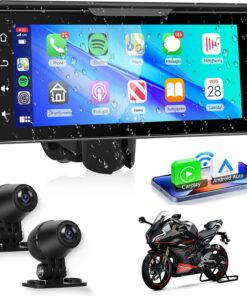 Motorcycle Front+Rear Dash Cam,6.86 inch IPS 1280x480P Touch Screen,1080P Motorcycle Camera DVR,Wireless Carplay&Android Auto,GPS,IP67 Waterproof,120°Wide,Bluetooth5.0,TF,PhoneLink for Motorbike